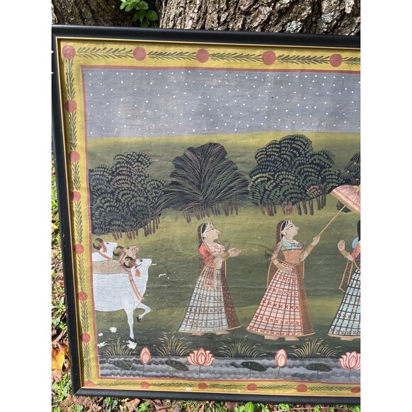 Krishna and Gopis with sacred cows waterliles large painted fabric canvas - Picture 3 of 8